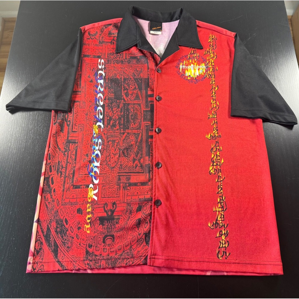 Wooden Dog Street Savvy Mens Medium Red Graphic‎ Button Shirt Y2K Polyester USA